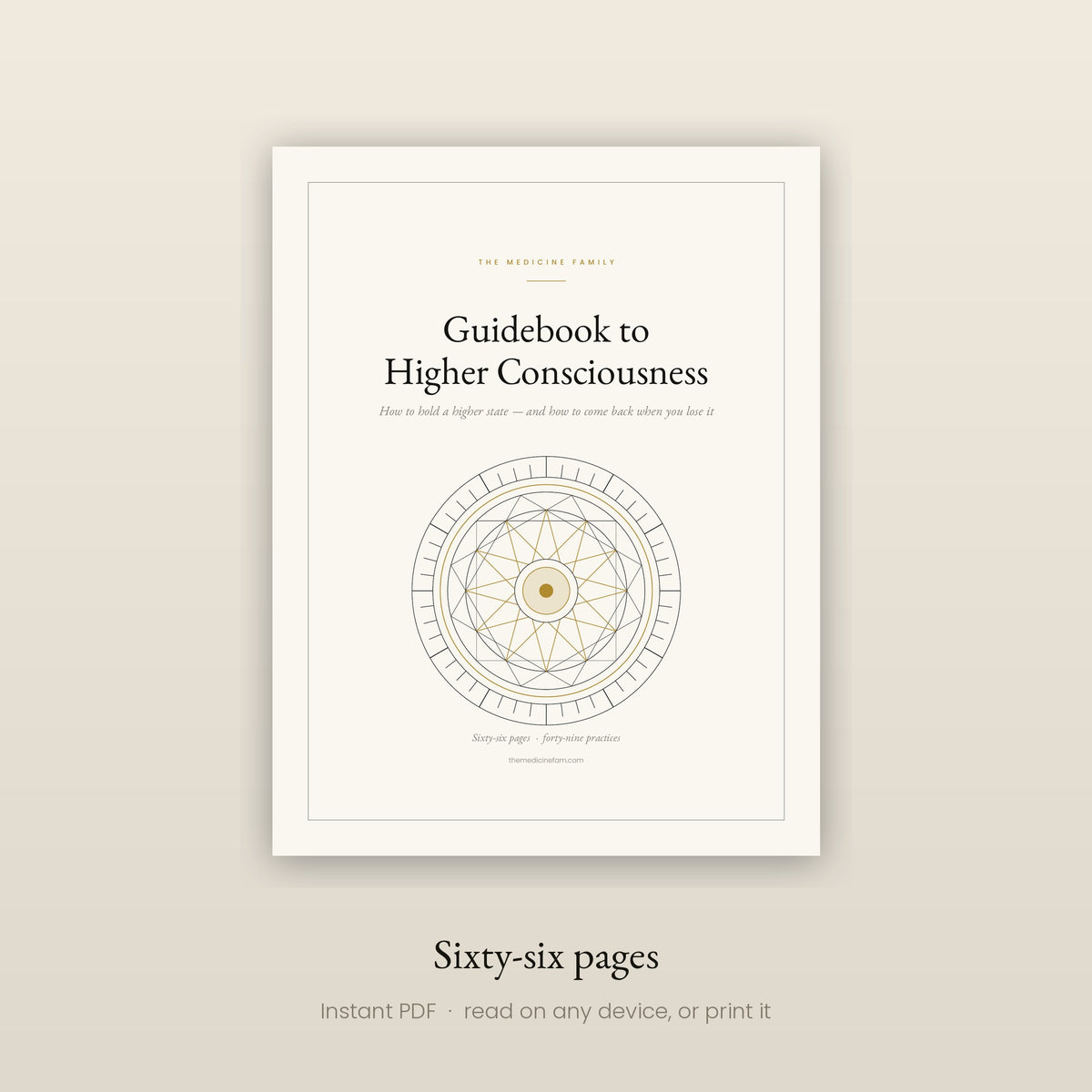 Guidebook to Higher Consciousness — cover, a geometric sun in gold and hairline black on warm white. Sixty-six pages, instant PDF.