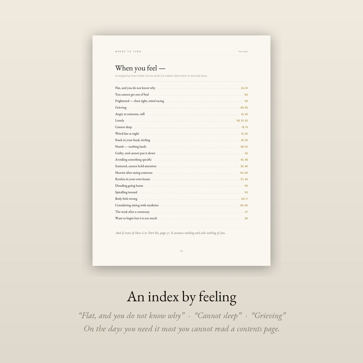 An index arranged by feeling, pointing to the page you need on the days you cannot read a contents page.