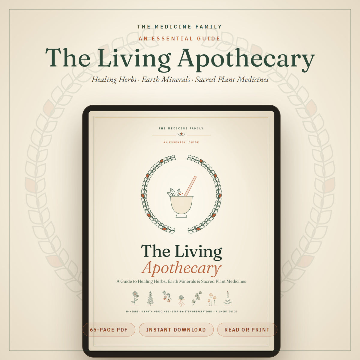 The Living Apothecary guidebook cover shown on a tablet