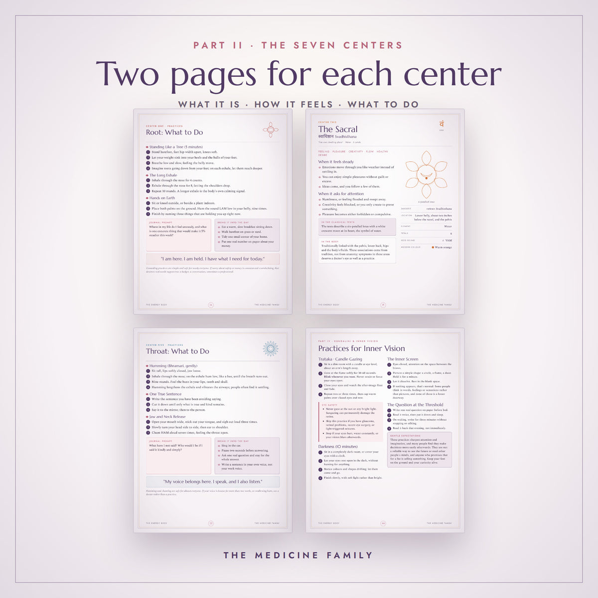 Chakra pages: the root, sacral, throat and inner vision practices