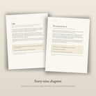 Two chapter pages from the guidebook. Forty-nine chapters, each a single page: the idea, the practice, and the caution.