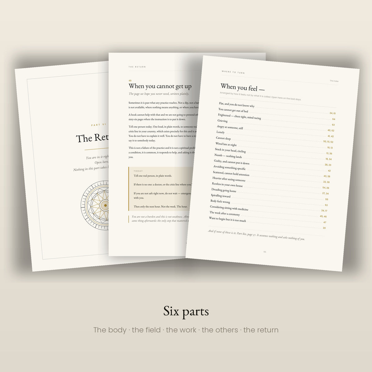 Three pages from the guidebook showing its six parts: the body, the field, the work, the others, the return.