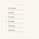 What is inside: the six parts — The Ground, The Body, The Field, The Work, The Others, The Return.