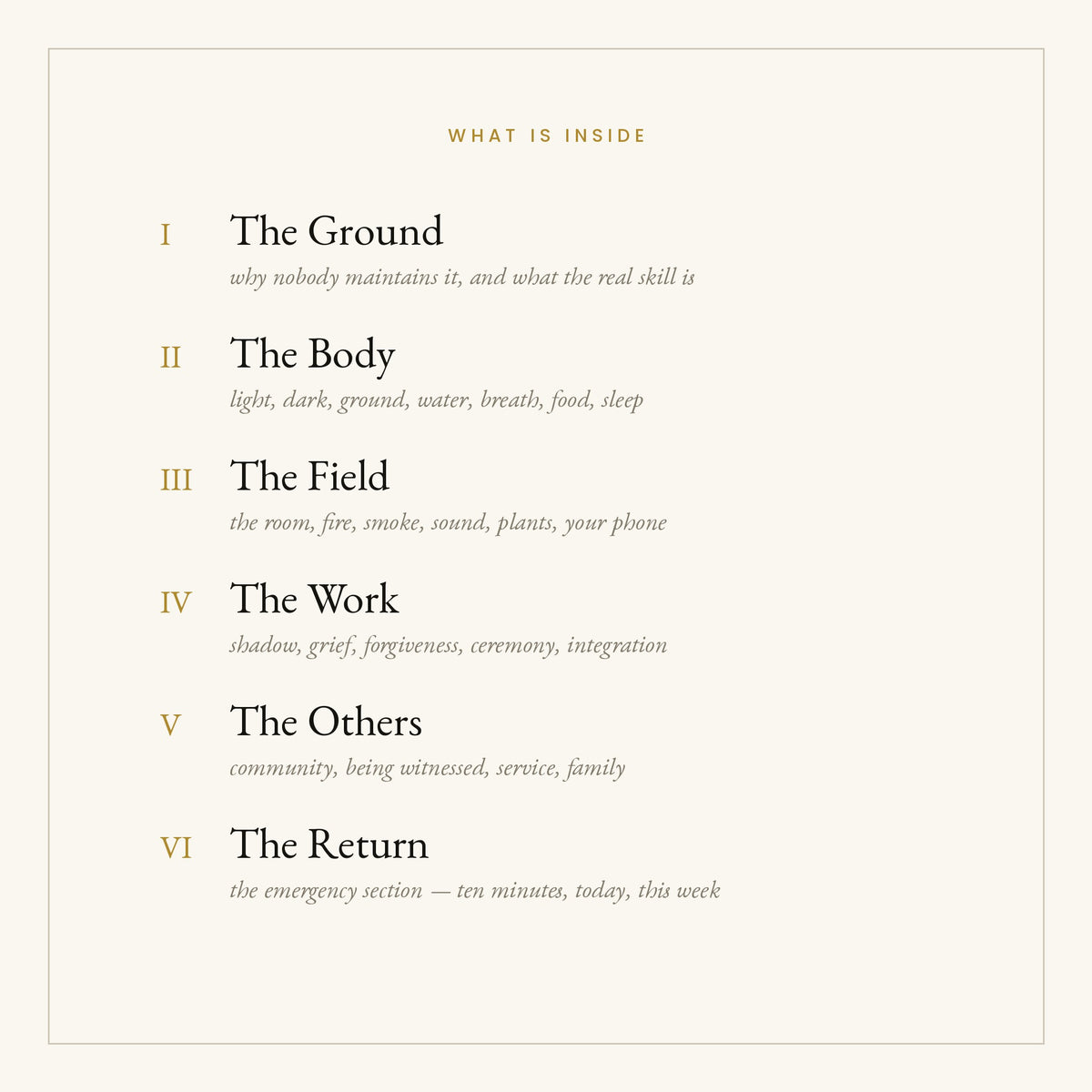 What is inside: the six parts — The Ground, The Body, The Field, The Work, The Others, The Return.